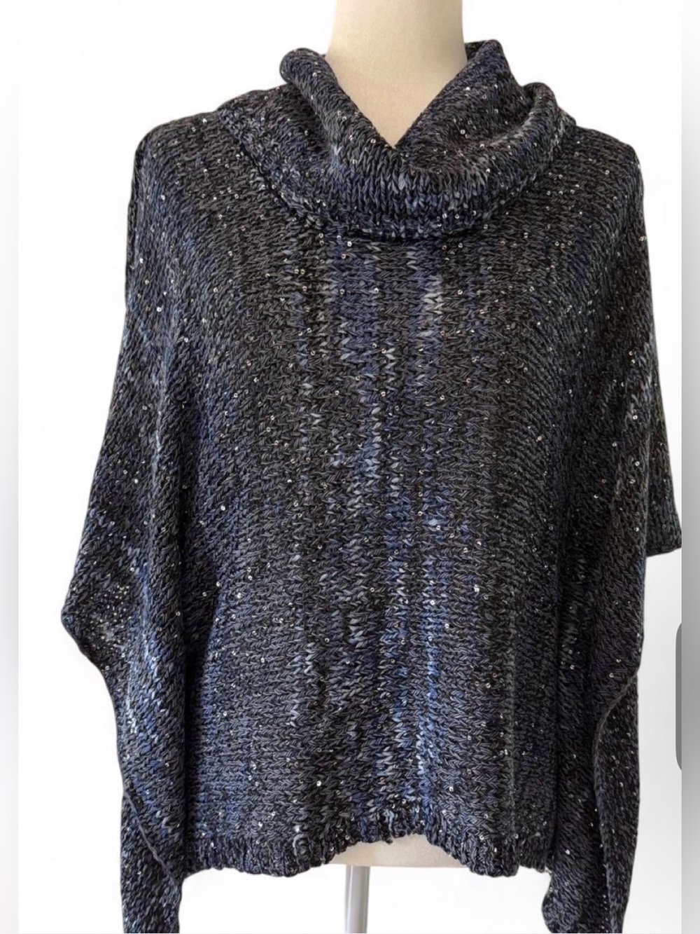 INC International Concepts Blue & Black Marled Cowl Neck Sparkly Poncho Sweater